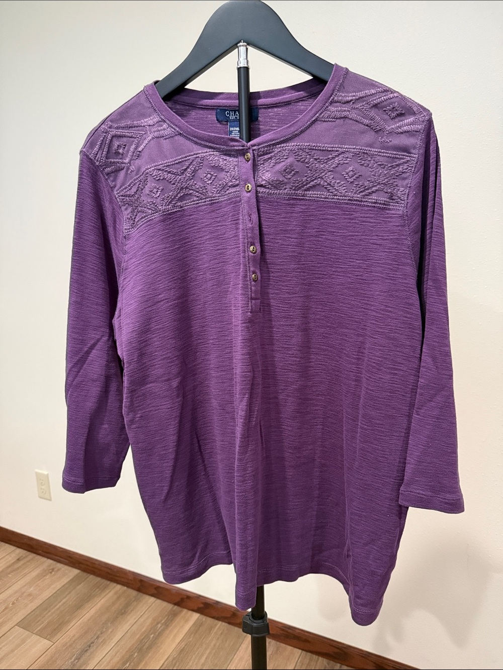 Chaps Purple Embroidered Henley Long Sleeve Top - Deep Purple